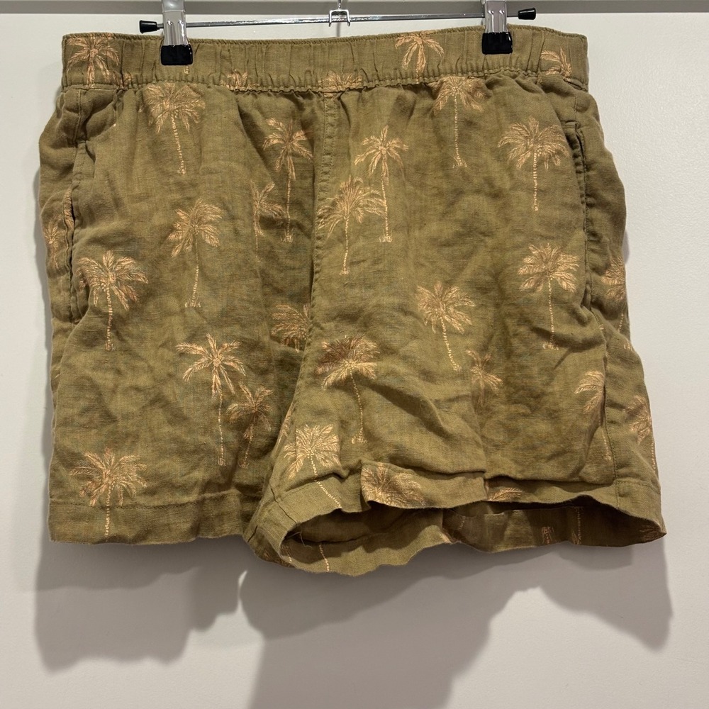 C&C California Womens Large Olive Green 100% Linen Palm Tree Tropical Shorts